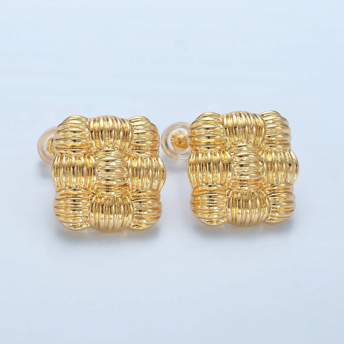 24K Gold Filled 15mm Ribbed Croissant Woven Square Stud Earrings | AD657