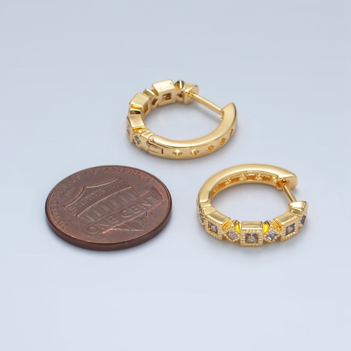 24K Gold Filled 17mm Geometric CZ Huggie Earrings | T192