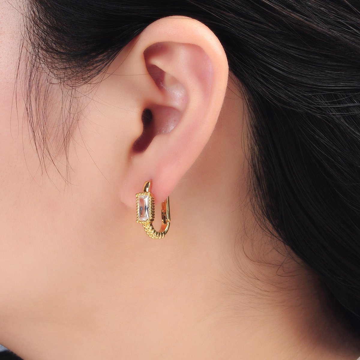 24K Gold Filled 18mm Baguette CZ Dotted Oblong Huggie Earrings | T093