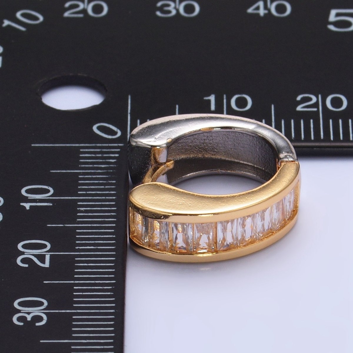 24K Gold Filled 18mm Baguette CZ Mixed Metal Huggie Earrings | P309