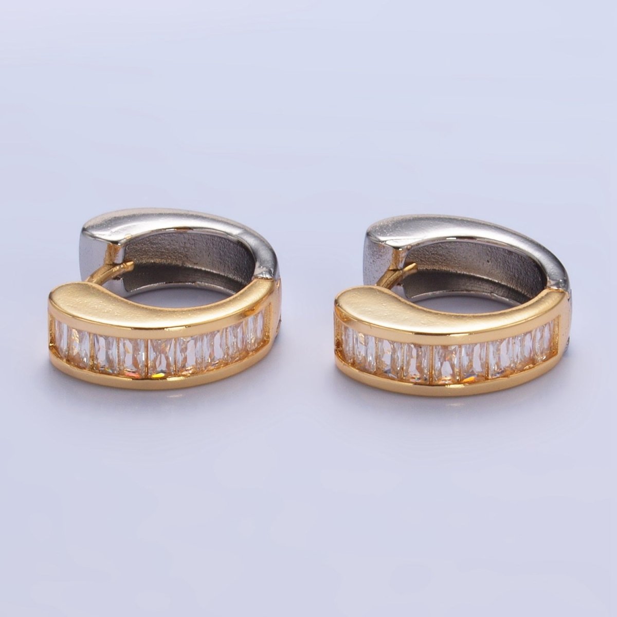 24K Gold Filled 18mm Baguette CZ Mixed Metal Huggie Earrings | P309