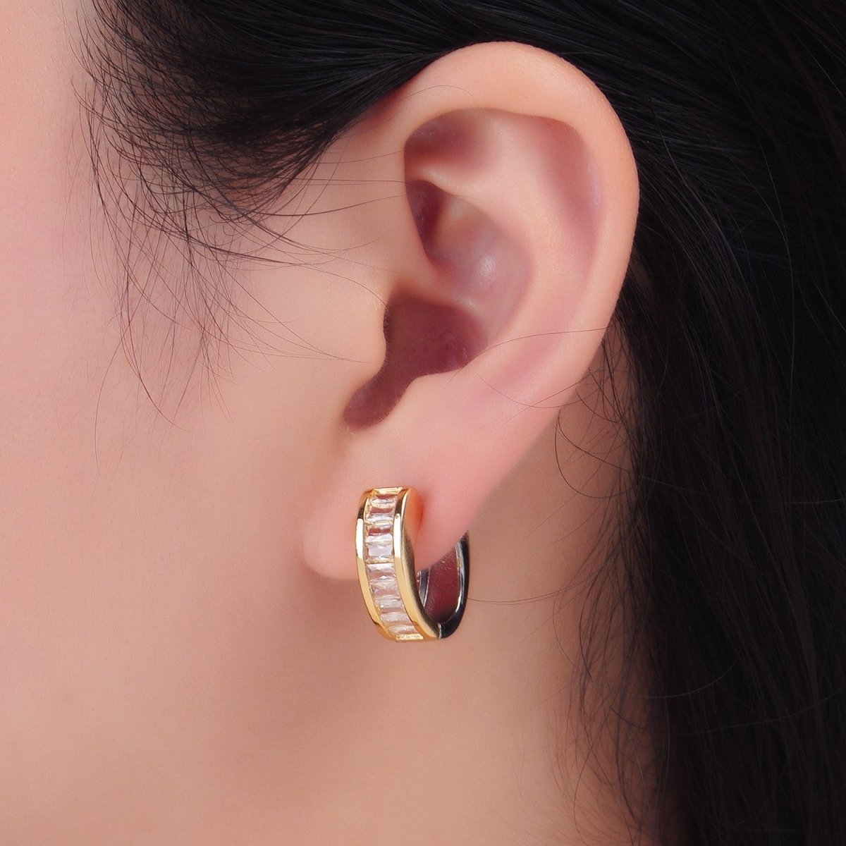 24K Gold Filled 18mm Baguette CZ Mixed Metal Huggie Earrings | P309