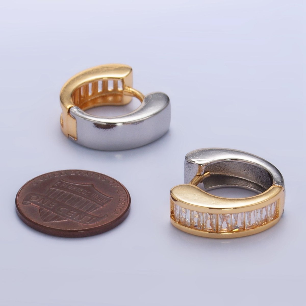 24K Gold Filled 18mm Baguette CZ Mixed Metal Huggie Earrings | P309