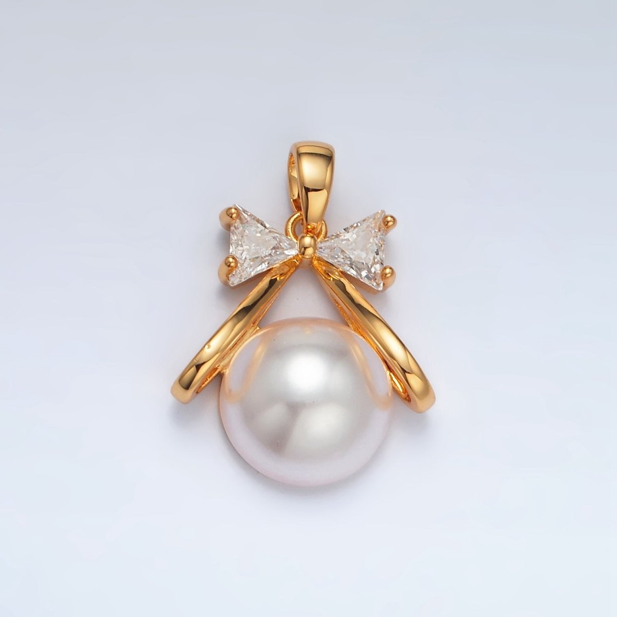 24K Gold Filled 19mm Ribbon Bow CZ Shell Pearl Pendant | AA1409