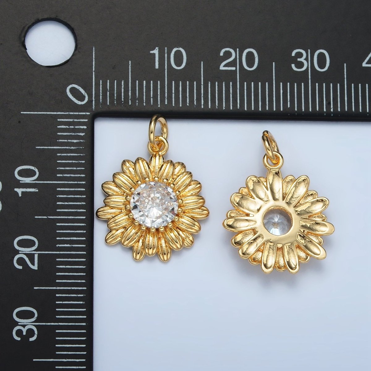 24K Gold Filled 20mm Clear CZ Sunflower Charm | E142