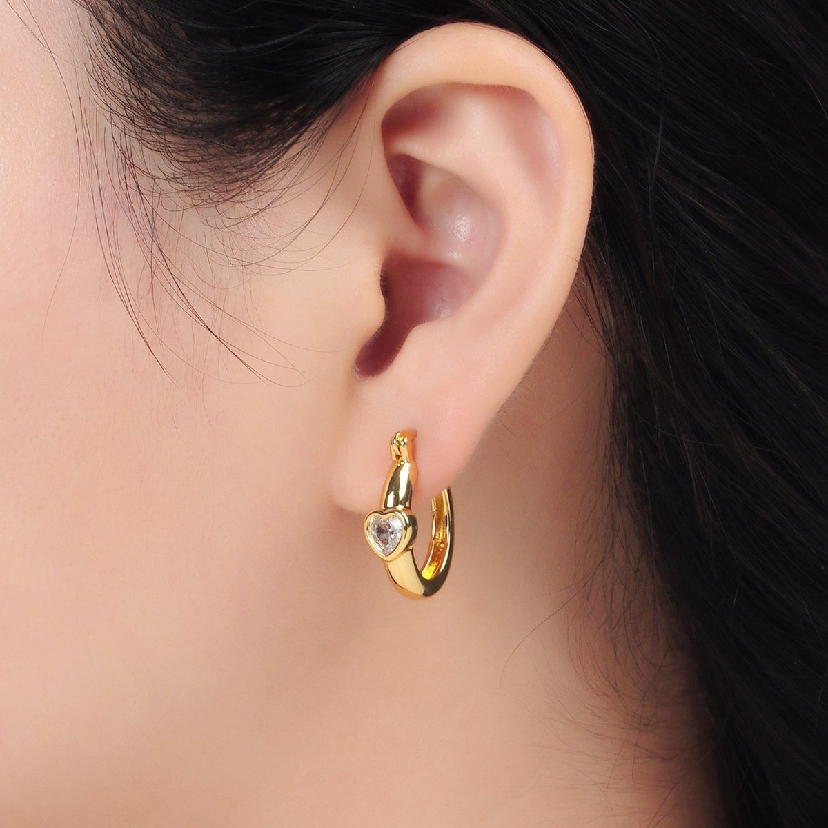 24K Gold Filled 20mm Heart CZ Oblong Latch Hoop Earrings | AB1229