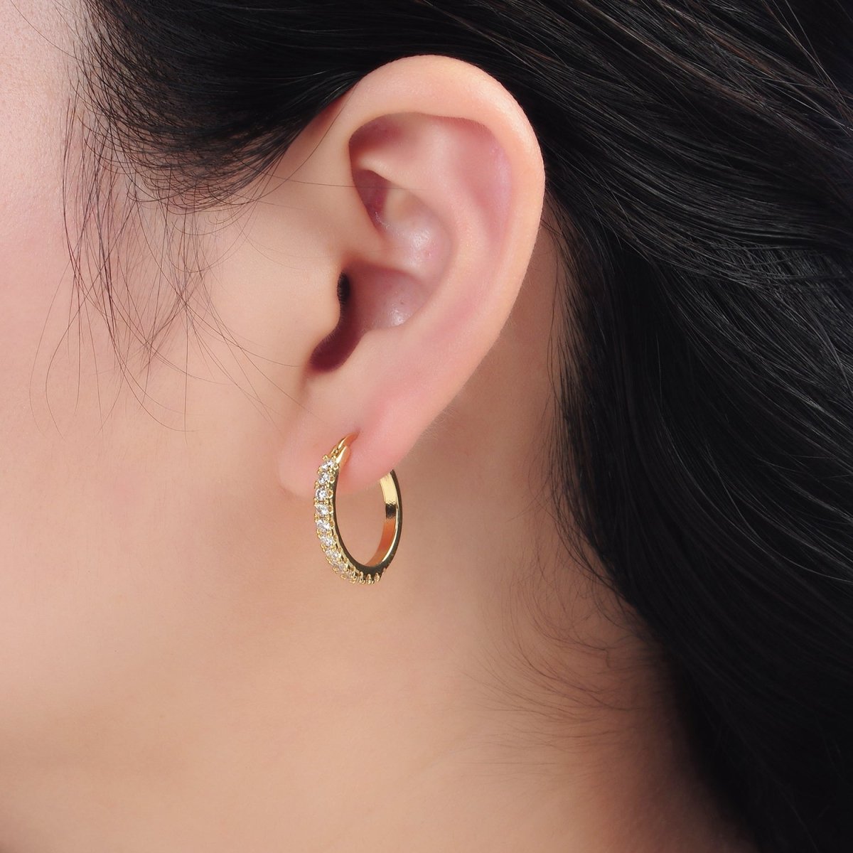 24K Gold Filled 20mm Micro Paved CZ Latch Hoop Earrings | T158