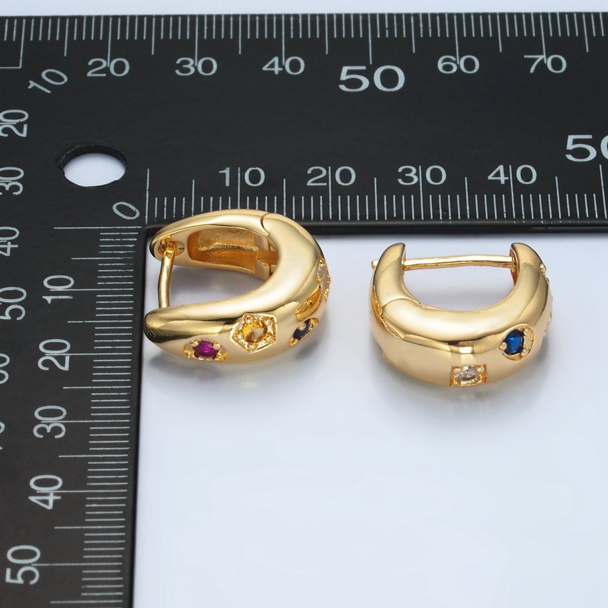 24K Gold Filled 20mm Multicolor Geometric CZ Huggie Earrings | AD757