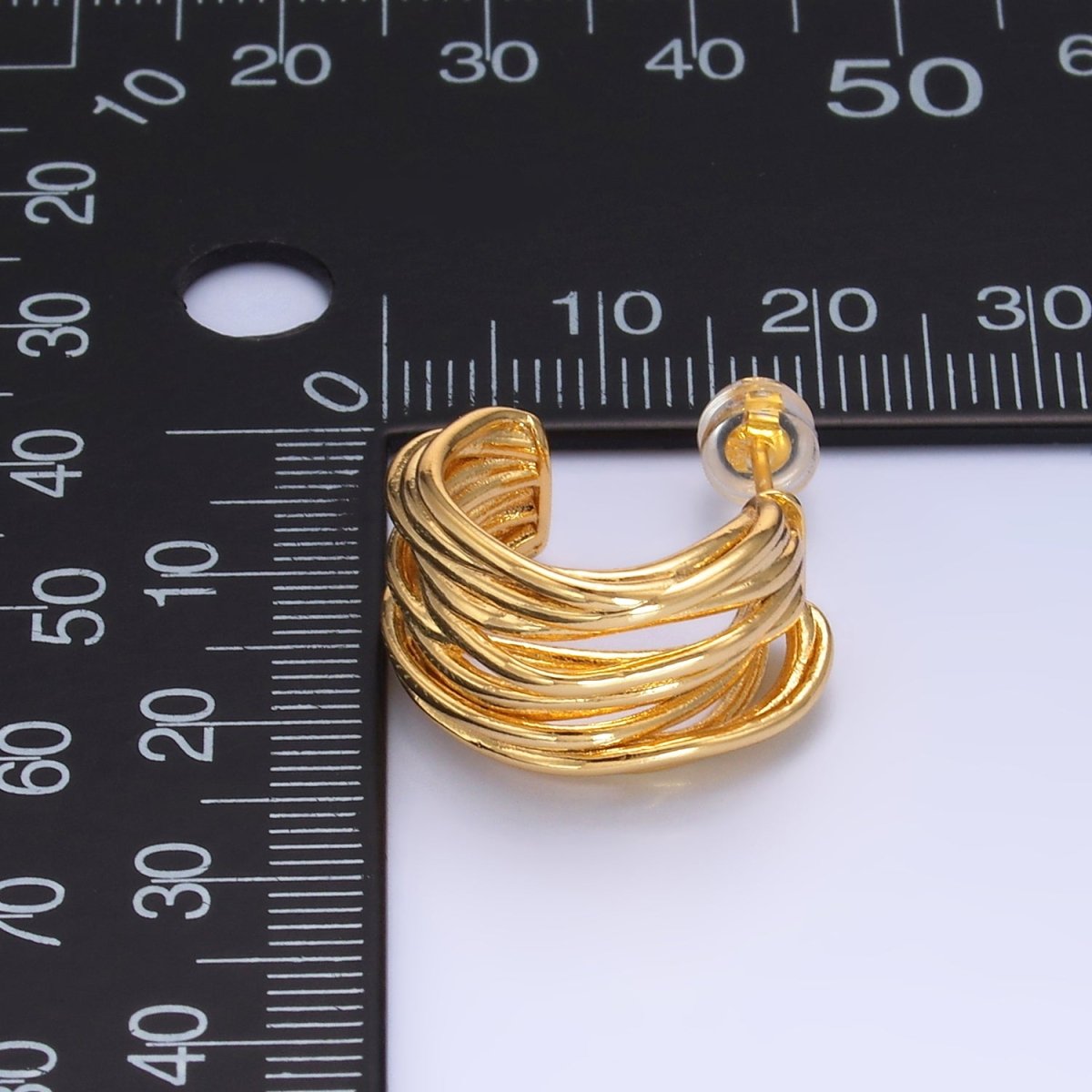 24K Gold Filled 20mm Multiple Linear Lined C-Shaped Hoop Earrings | AB082