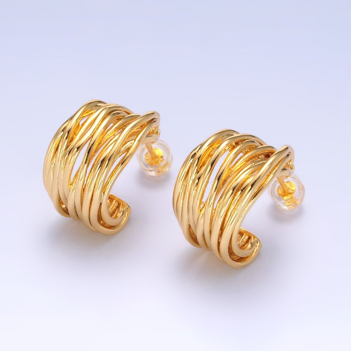 24K Gold Filled 20mm Multiple Linear Lined C-Shaped Hoop Earrings | AB082