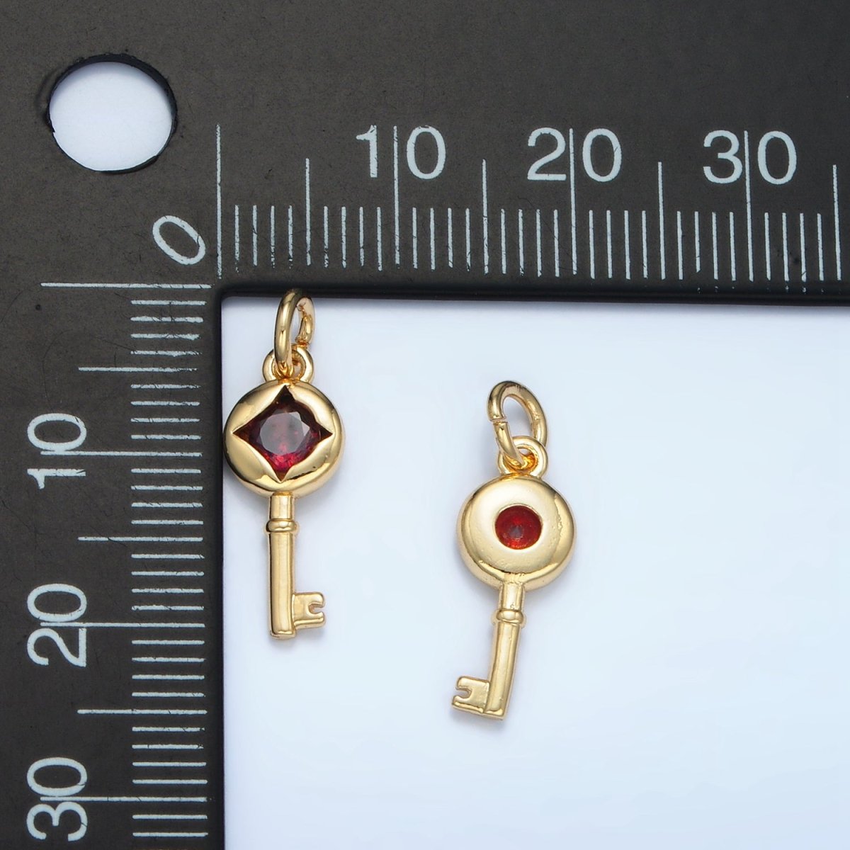 24K Gold Filled 20mm Red CZ Rhombus Key Lock Mini Charm | E097