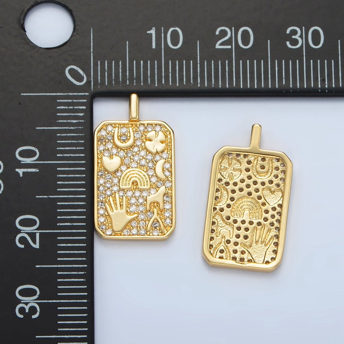 24K Gold Filled 21mm Micro Paved CZ Lucky Horseshoe Wishbone Clover Tag Pendant | AA1368