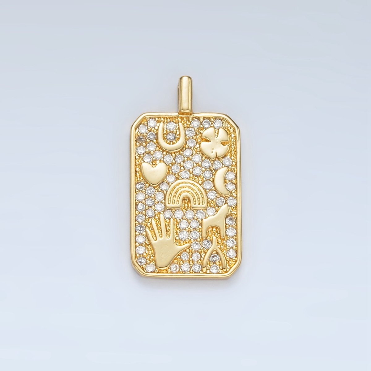 24K Gold Filled 21mm Micro Paved CZ Lucky Horseshoe Wishbone Clover Tag Pendant | AA1368
