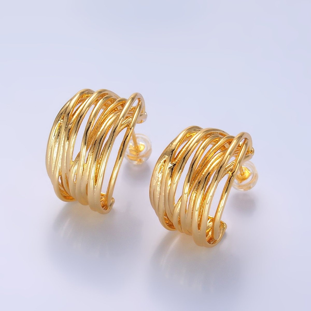 24K Gold Filled 22mm Multiple Linear Lined C-Shaped Hoop Earrings | AB1107