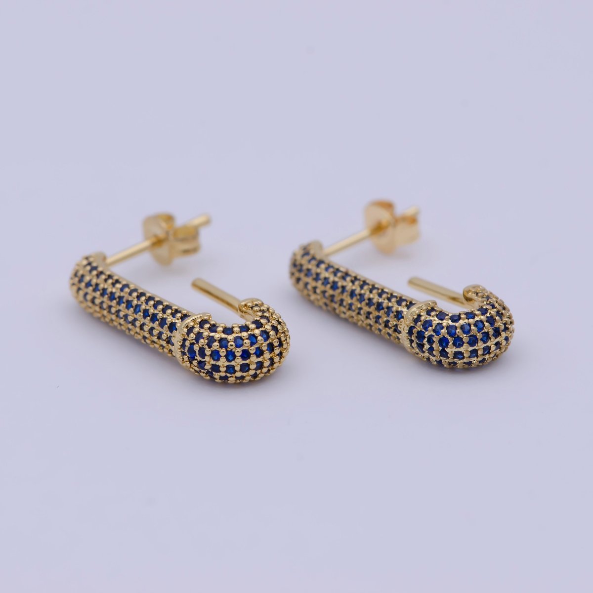24K Gold Filled 24mm Dark Blue Micro Paved CZ J-Shaped Hoop Earrings | AB1196