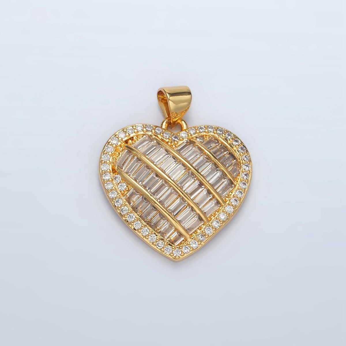 24K Gold Filled 25mm Baguette Micro Paved CZ Lined Heart Pendant | I459