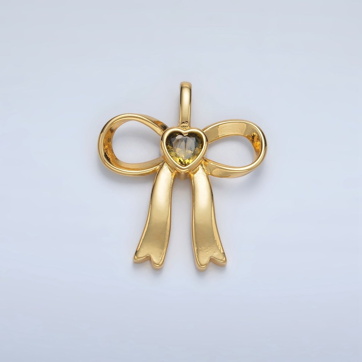 24K Gold Filled 25mm Birthstone Heart CZ Ribbon Bow Pendant | AA1413 - AA1418