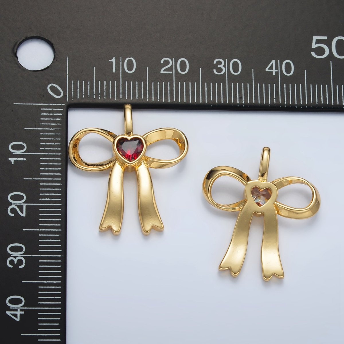 24K Gold Filled 25mm Birthstone Heart CZ Ribbon Bow Pendant | AA1413 - AA1418