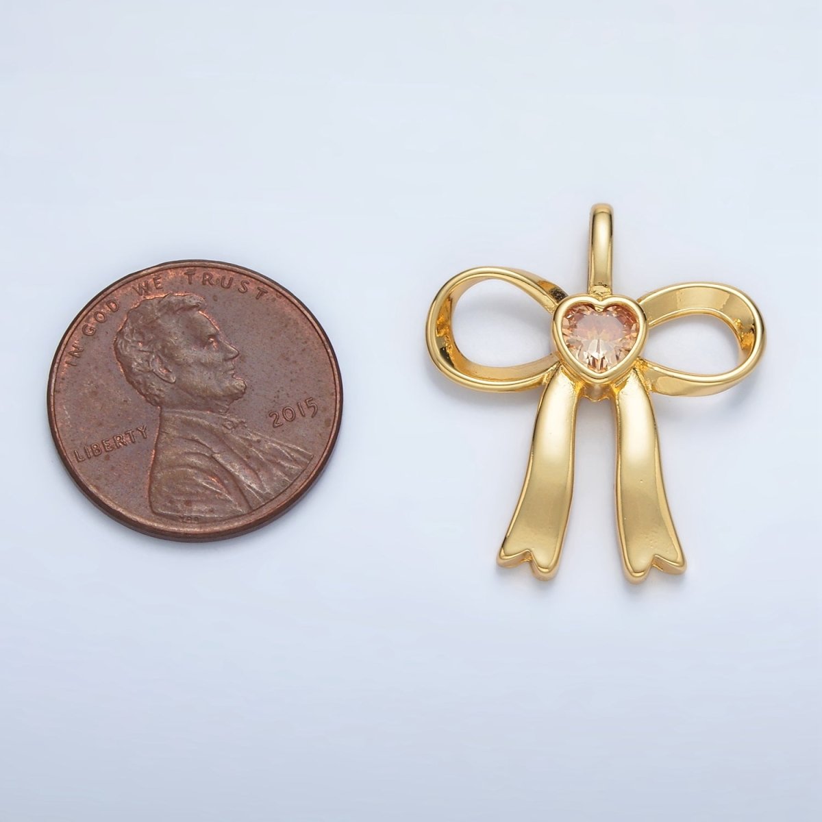 24K Gold Filled 25mm Birthstone Heart CZ Ribbon Bow Pendant | AA1413 - AA1418