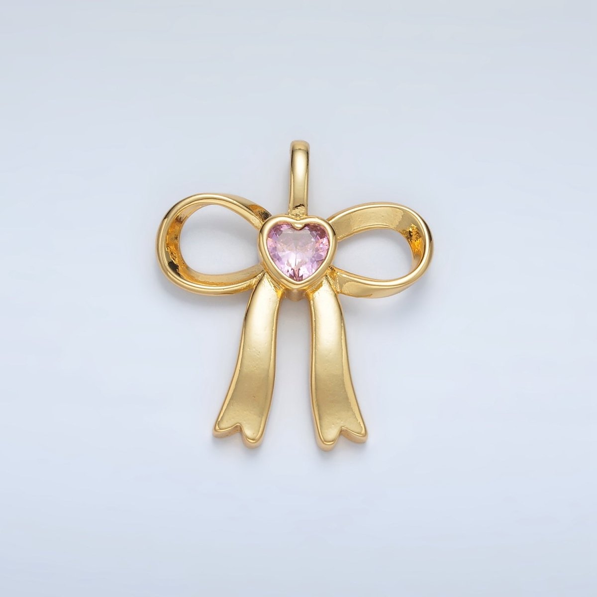 24K Gold Filled 25mm Birthstone Heart CZ Ribbon Bow Pendant | AA1413 - AA1418