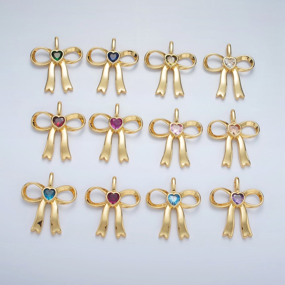 24K Gold Filled 25mm Birthstone Heart CZ Ribbon Bow Pendant | AA1413 - AA1418