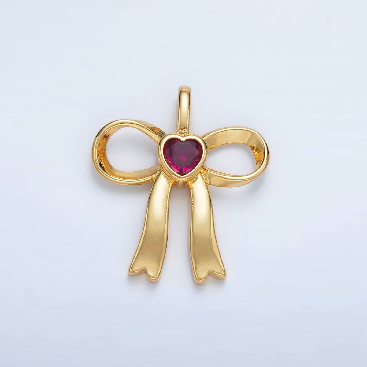 24K Gold Filled 25mm Birthstone Heart CZ Ribbon Bow Pendant | AA1413 - AA1418