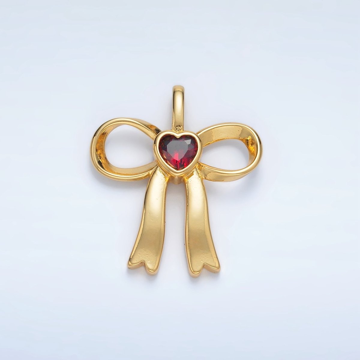 24K Gold Filled 25mm Birthstone Heart CZ Ribbon Bow Pendant | AA1413 - AA1418