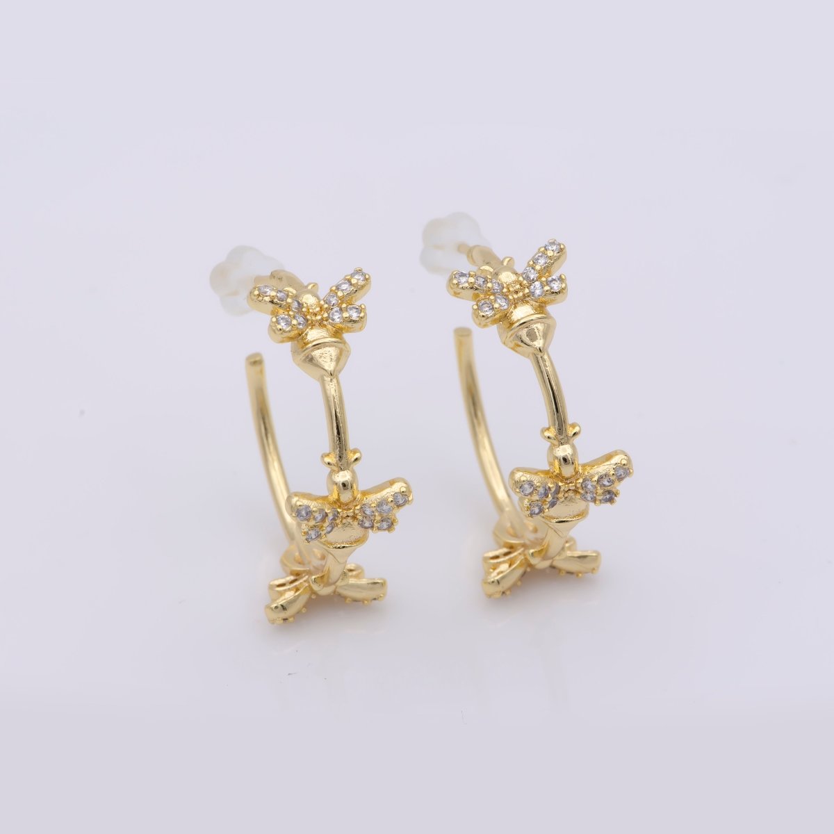 24K Gold Filled 25mm Bumble Queen Bee Micro Paved CZ C-Shaped Hoop Earrings | AB1212