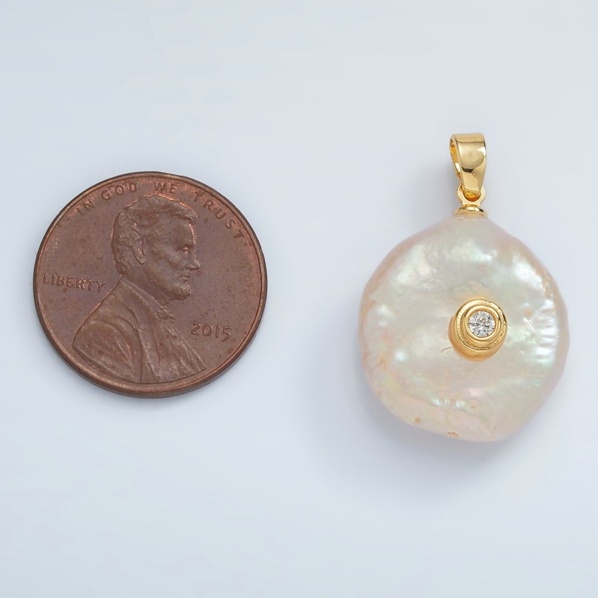 24K Gold Filled 25mm Clear CZ Freshwater Pearl Pendant | P1758