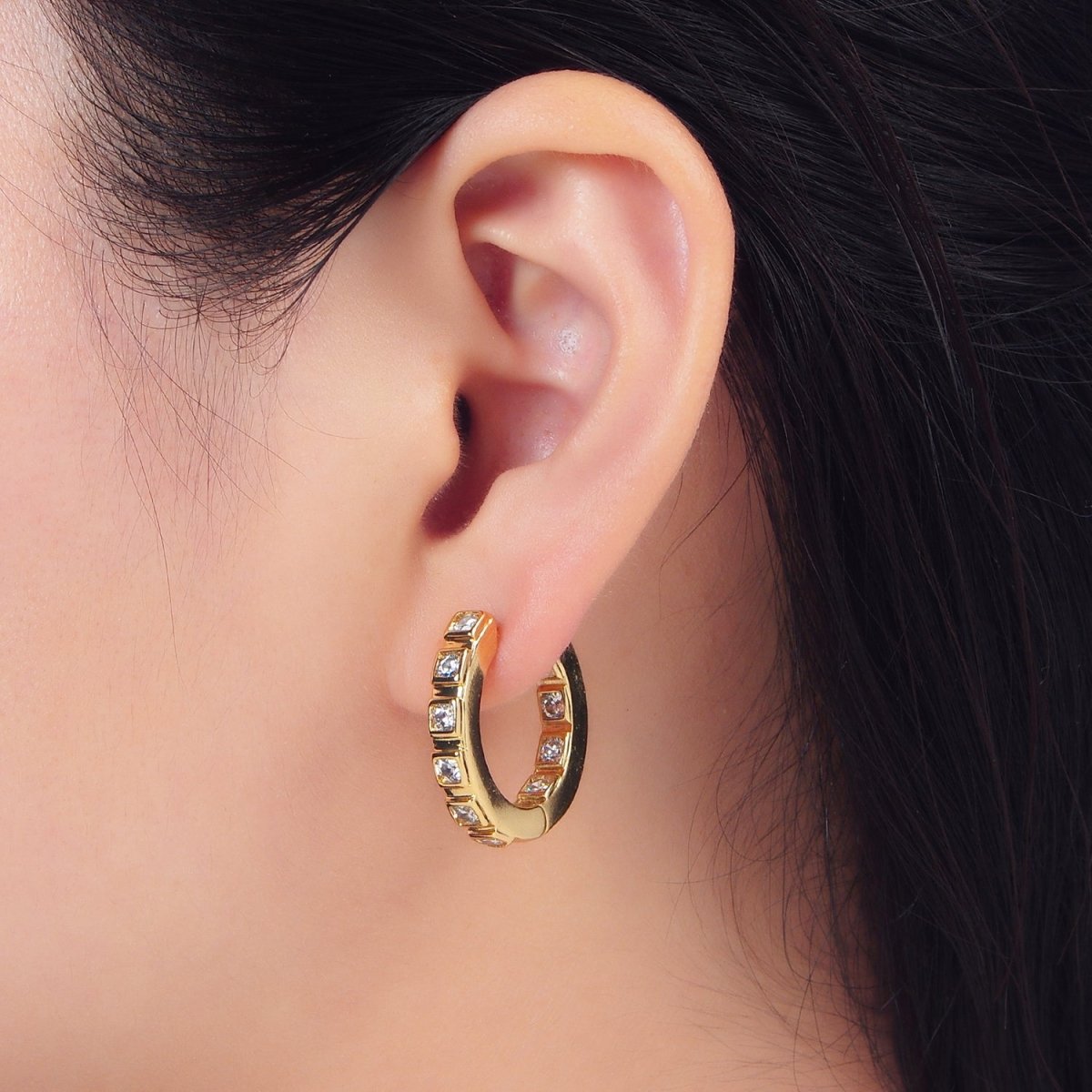 24K Gold Filled 25mm Clear CZ Square Front-Facing Hoop Earrings | AD772