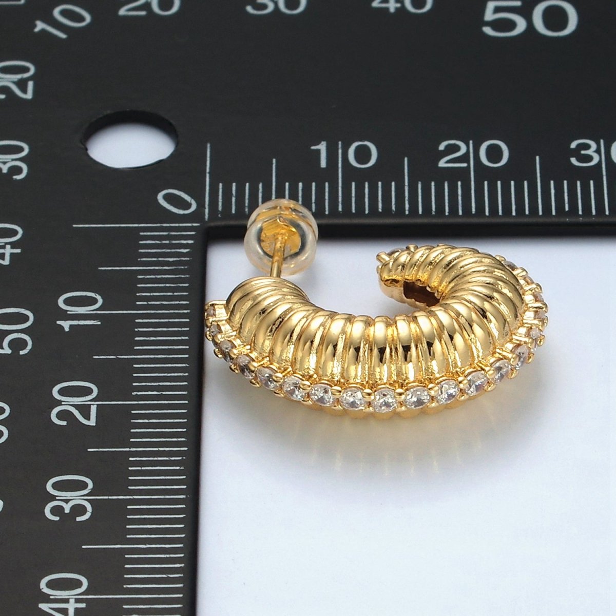 24K Gold Filled 25mm Micro Paved CZ Puffed Croissant J-Shaped Hoop Earrings | T124