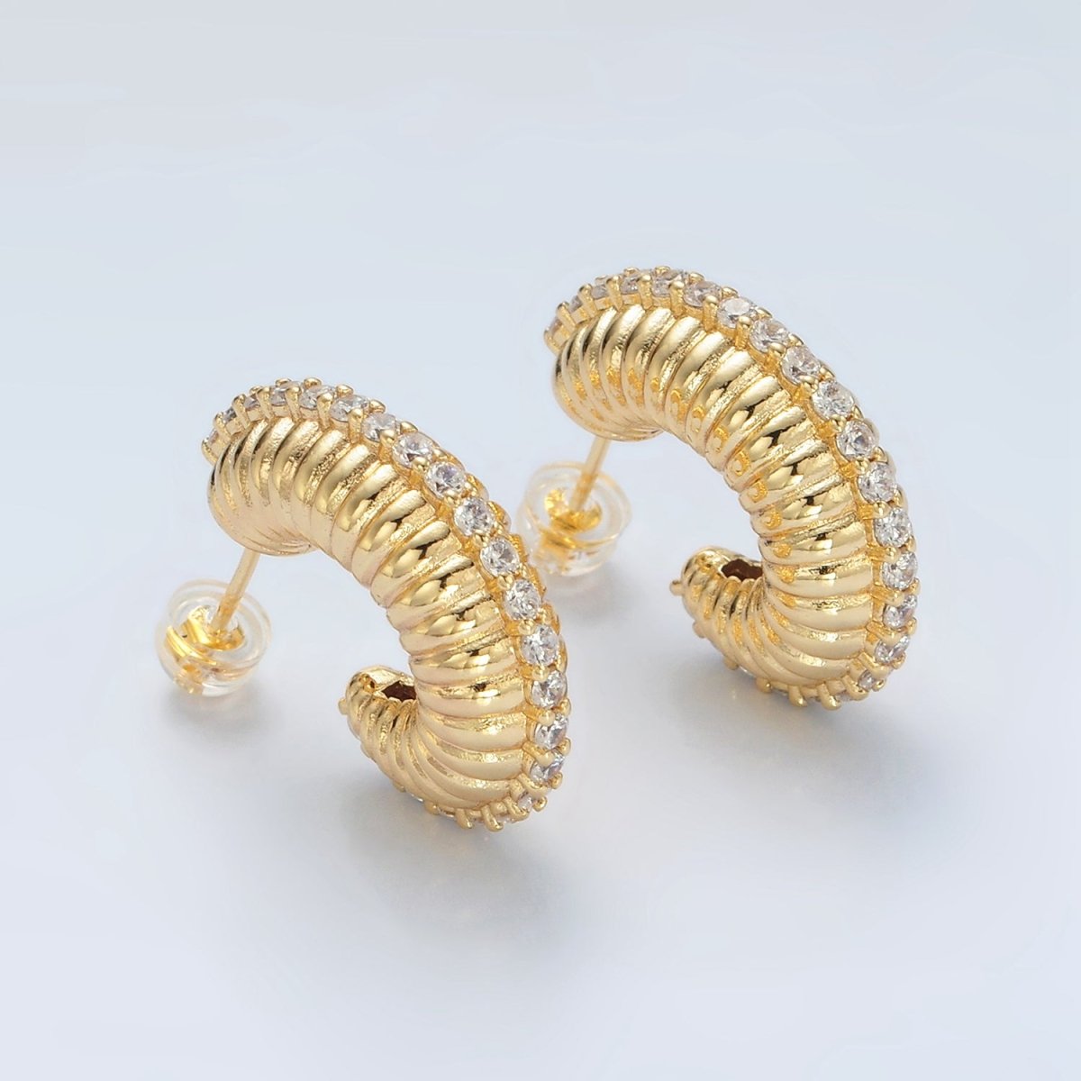 24K Gold Filled 25mm Micro Paved CZ Puffed Croissant J-Shaped Hoop Earrings | T124