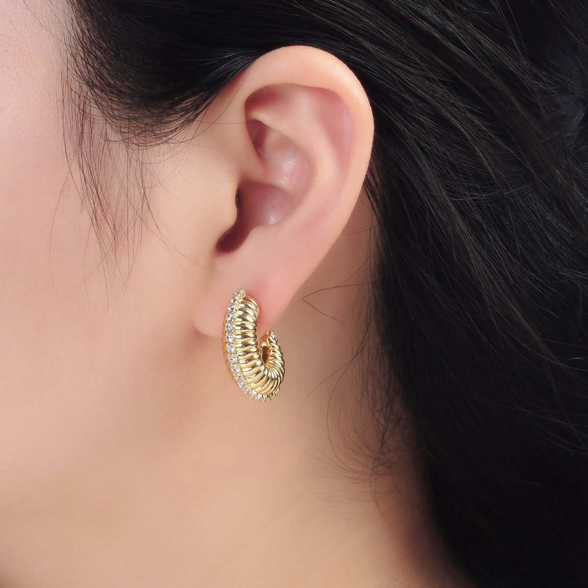 24K Gold Filled 25mm Micro Paved CZ Puffed Croissant J-Shaped Hoop Earrings | T124