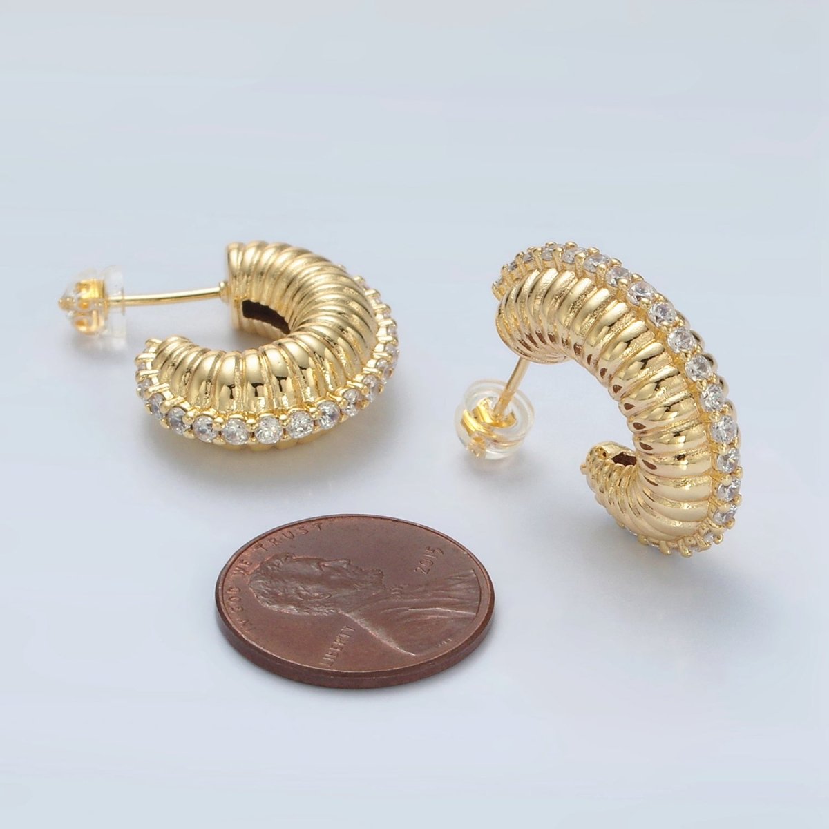 24K Gold Filled 25mm Micro Paved CZ Puffed Croissant J-Shaped Hoop Earrings | T124