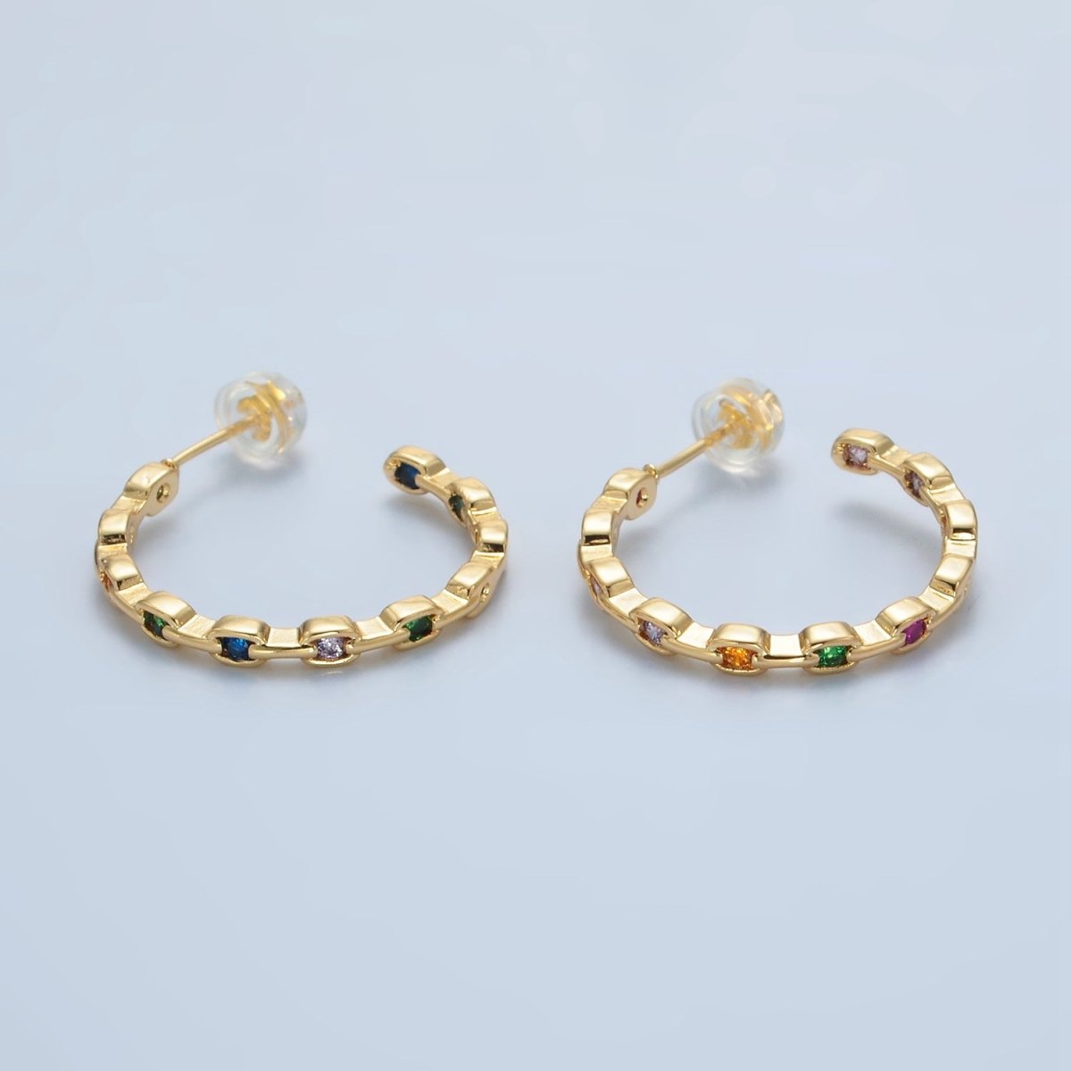 24K Gold Filled 25mm Multicolor CZ Front-Facing Chain C-Shaped Hoop Earrings | AD733