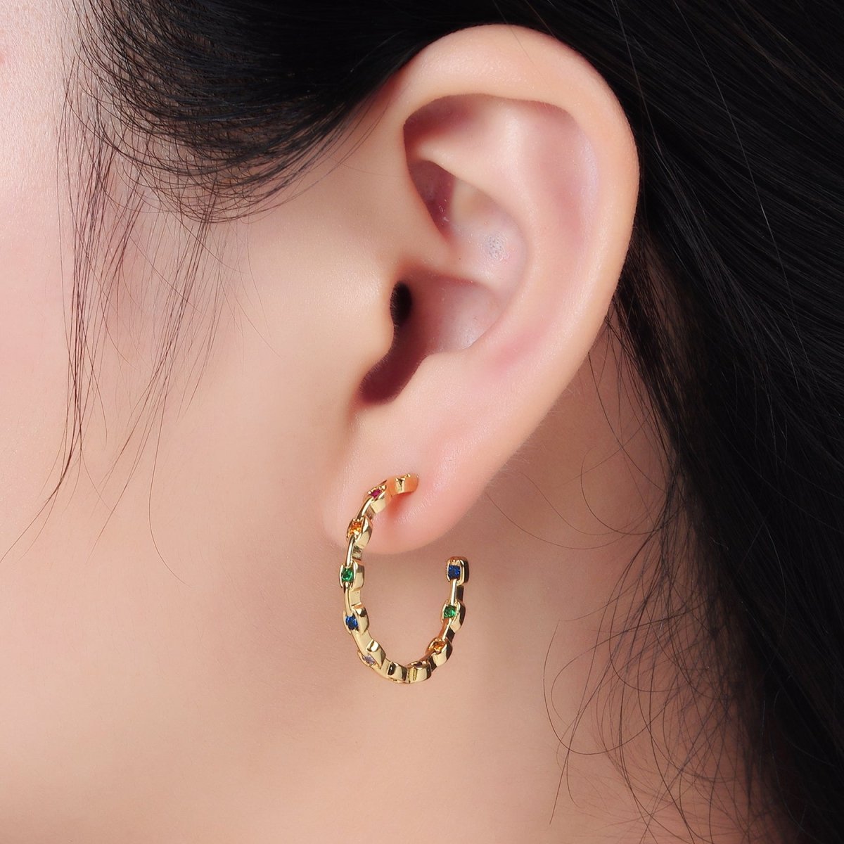 24K Gold Filled 25mm Multicolor CZ Front-Facing Chain C-Shaped Hoop Earrings | AD733
