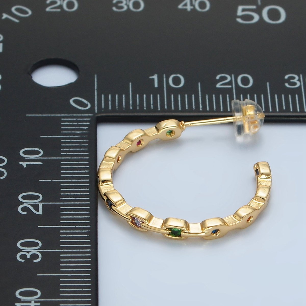 24K Gold Filled 25mm Multicolor CZ Front-Facing Chain C-Shaped Hoop Earrings | AD733