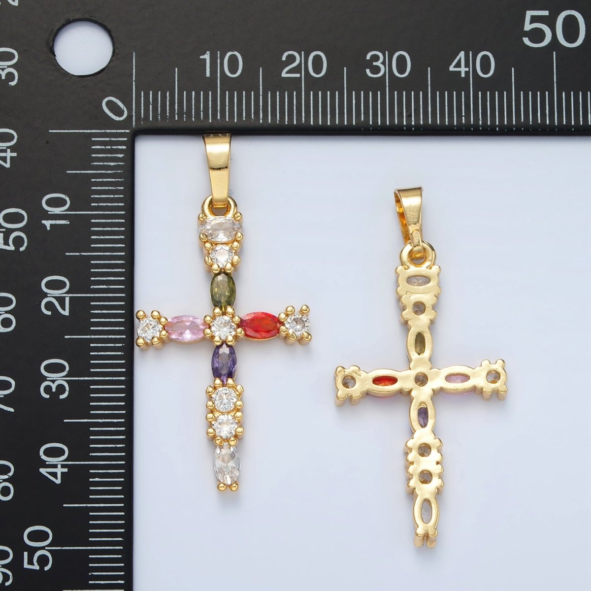 24K Gold Filled 25mm Multicolor CZ Marquise Religious Cross Pendant | I252