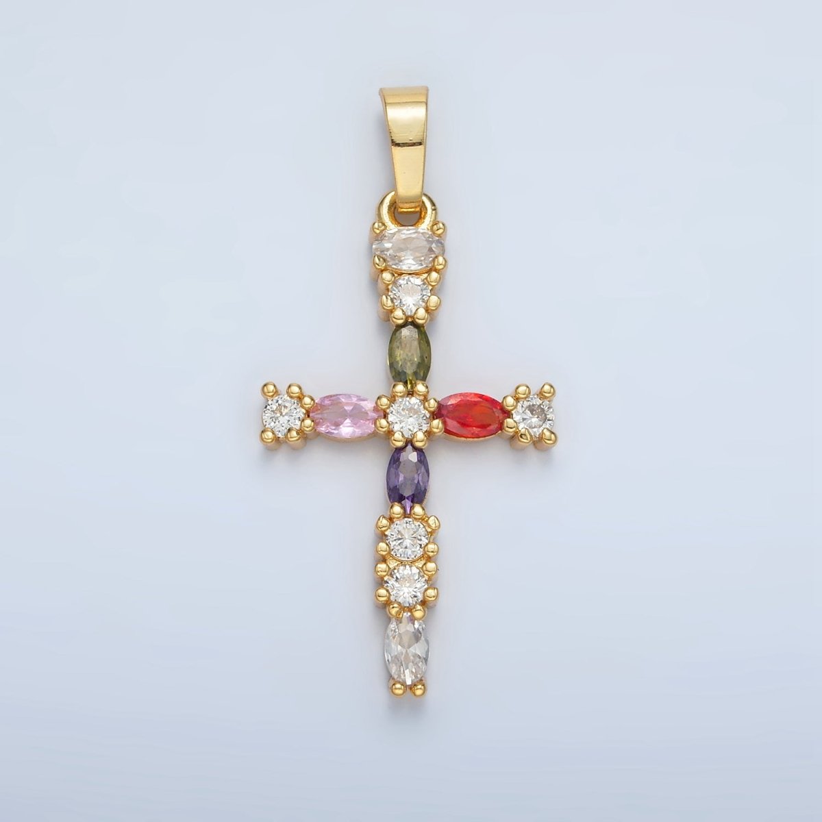 24K Gold Filled 25mm Multicolor CZ Marquise Religious Cross Pendant | I252