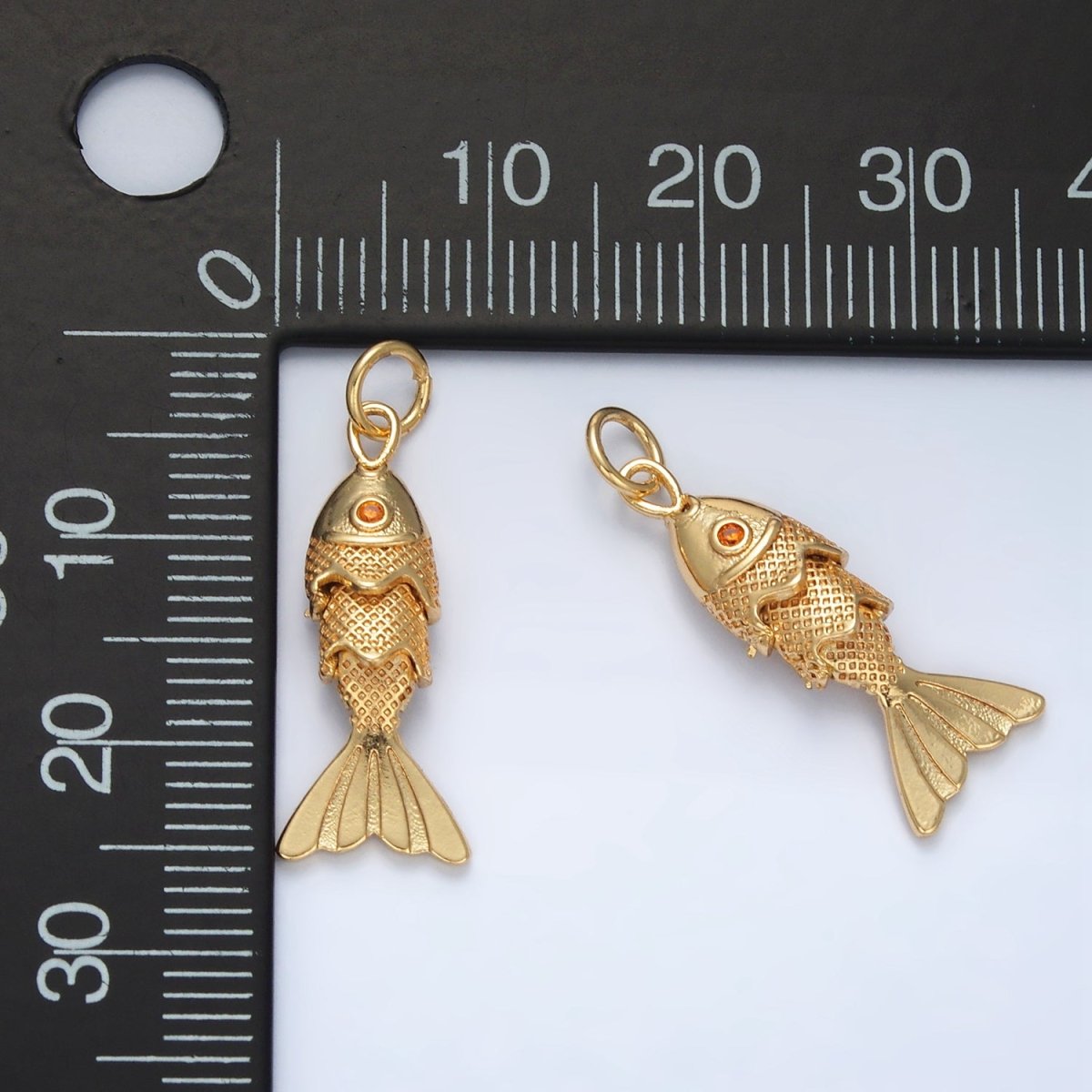 24K Gold Filled 25mm Orange CZ Multidimensional Textured Fish Sea Animal Charm | AG925