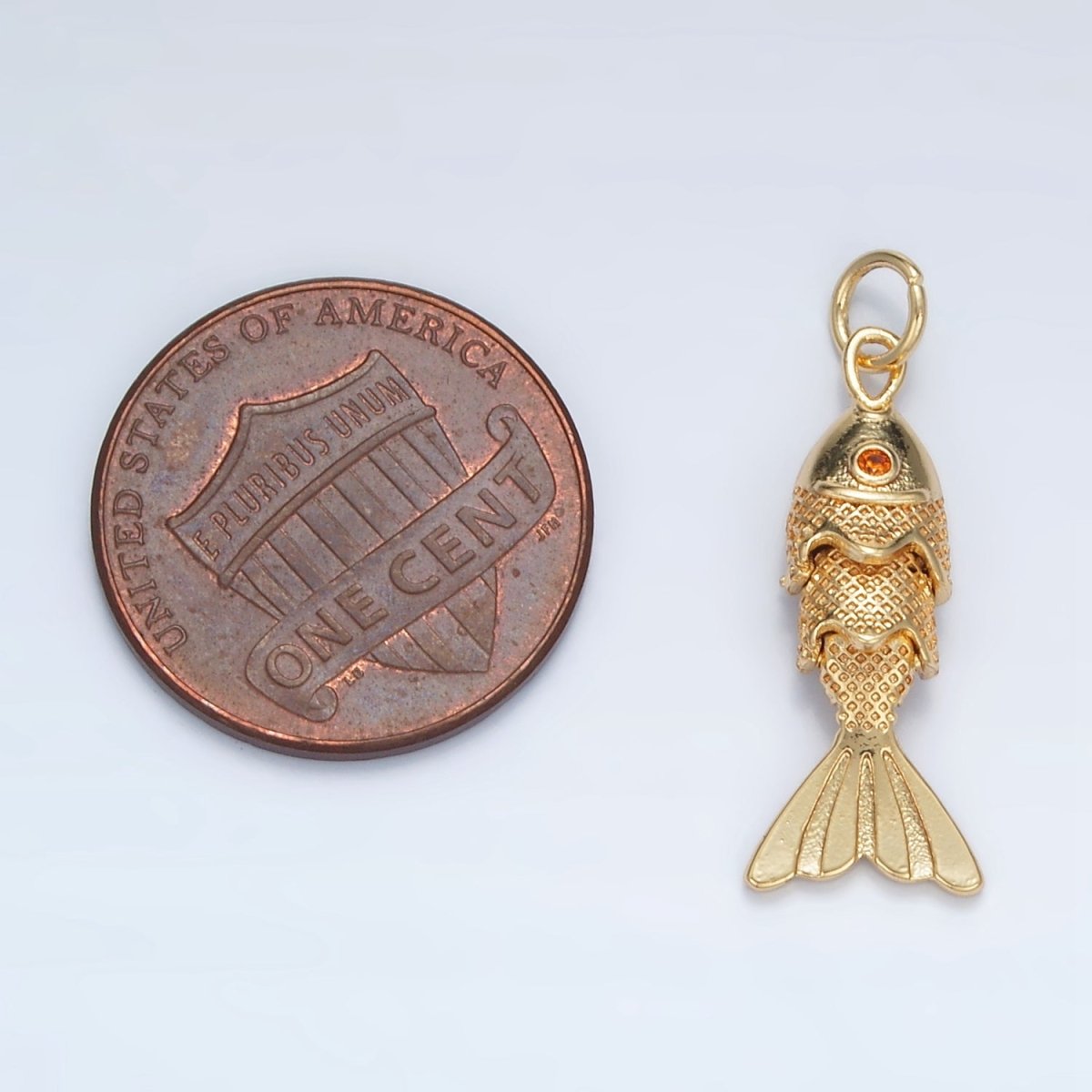 24K Gold Filled 25mm Orange CZ Multidimensional Textured Fish Sea Animal Charm | AG925