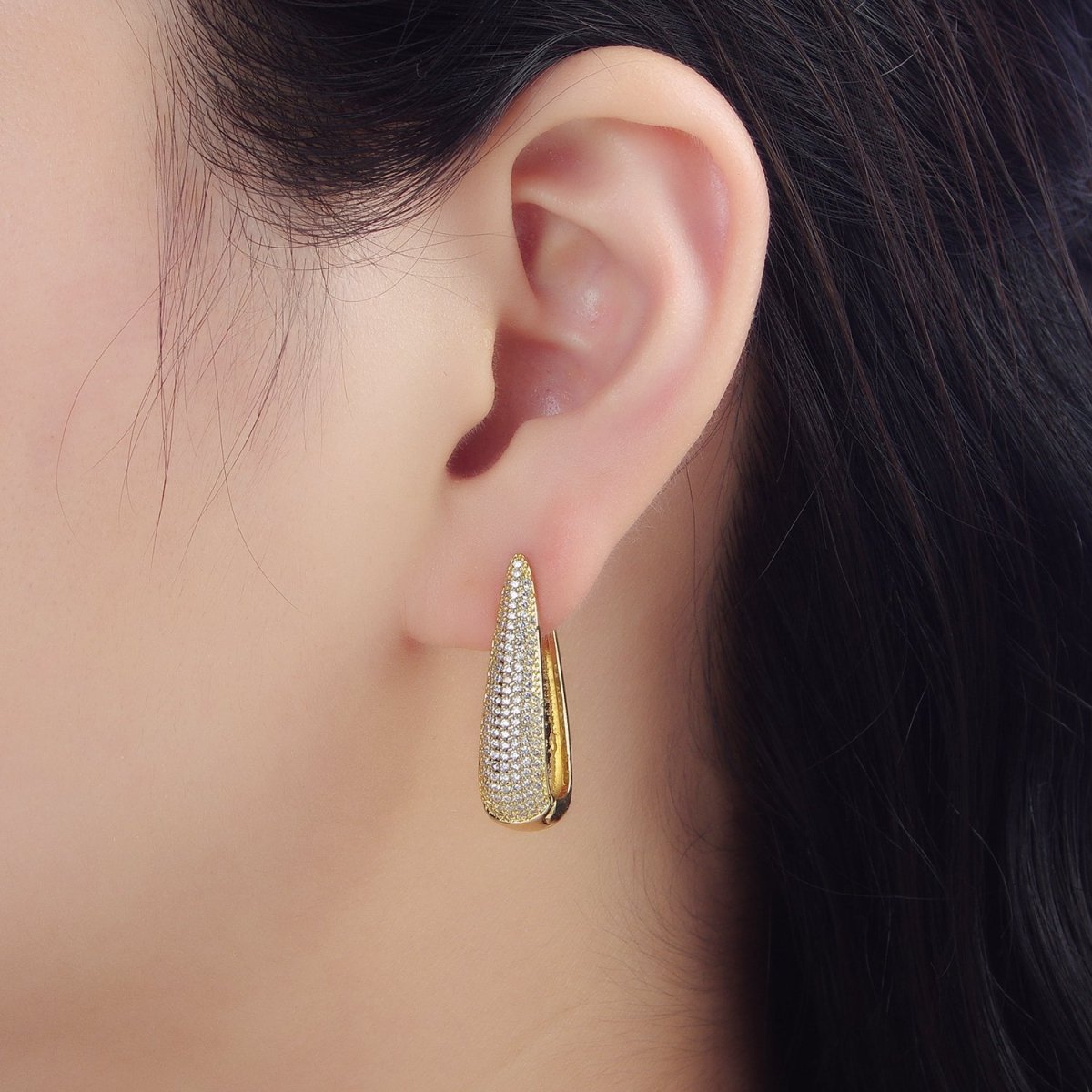 24K Gold Filled 28mm Micro Paved CZ Oblong Hoop Earrings | AD780