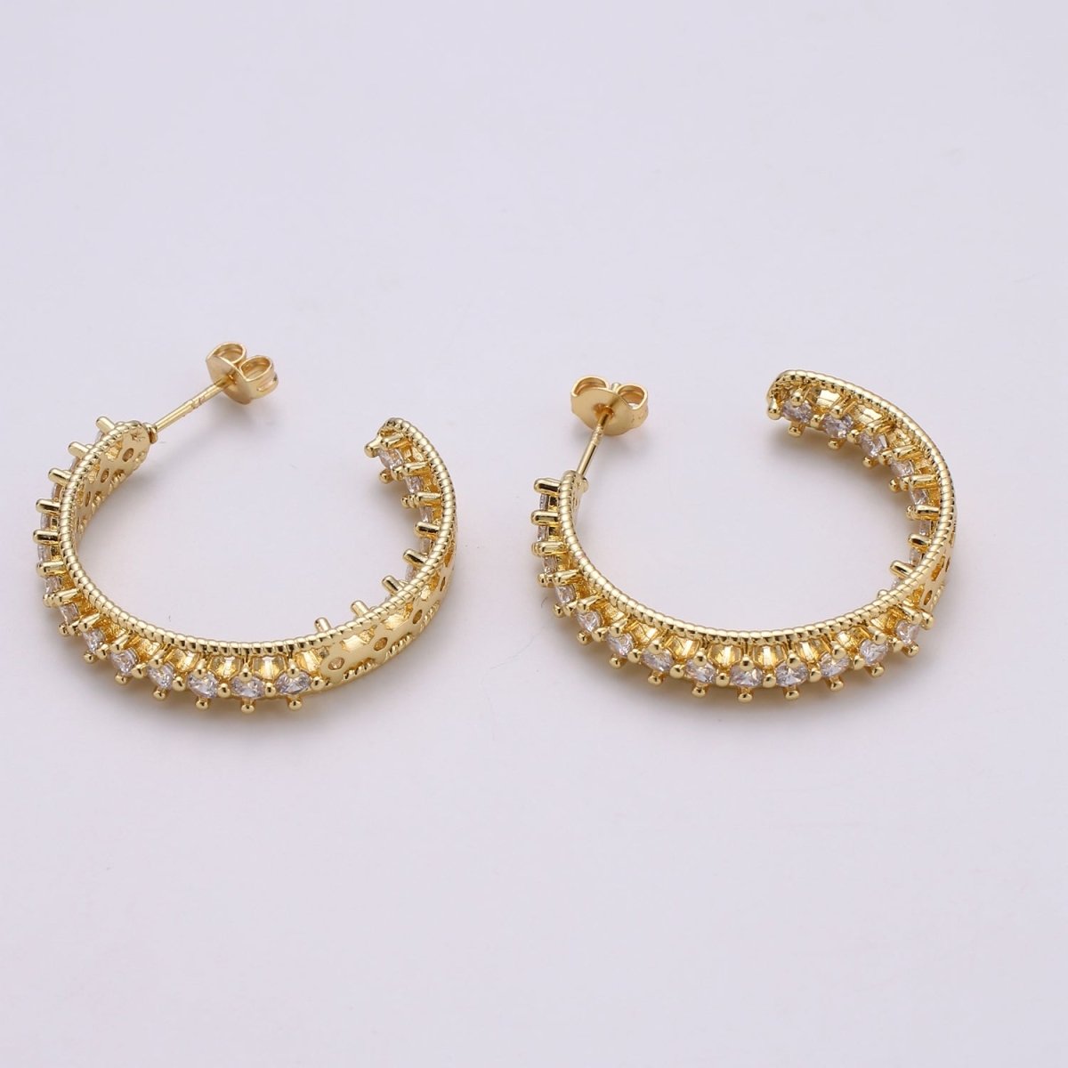 24K Gold Filled 30mm Clear CZ Front-Facing C-Shaped Hoop Earrings | Q420