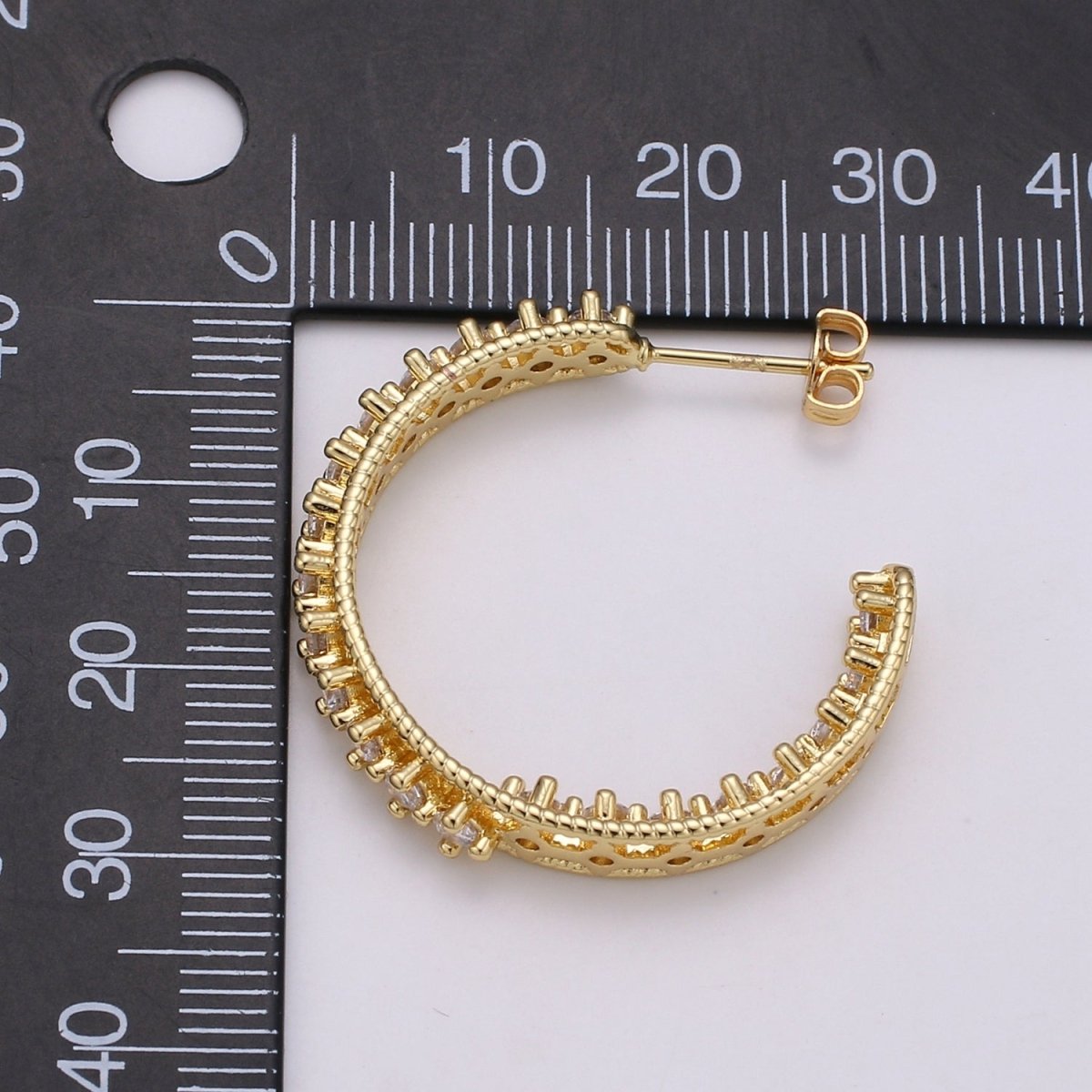 24K Gold Filled 30mm Clear CZ Front-Facing C-Shaped Hoop Earrings | Q420