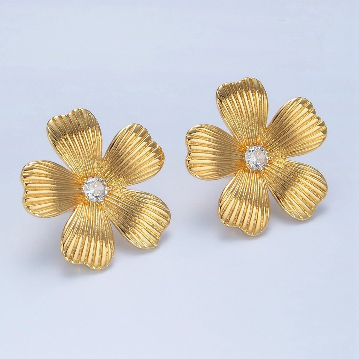 24K Gold Filled 30mm Clear CZ Ribbed Flower Stud Earrings | AD779