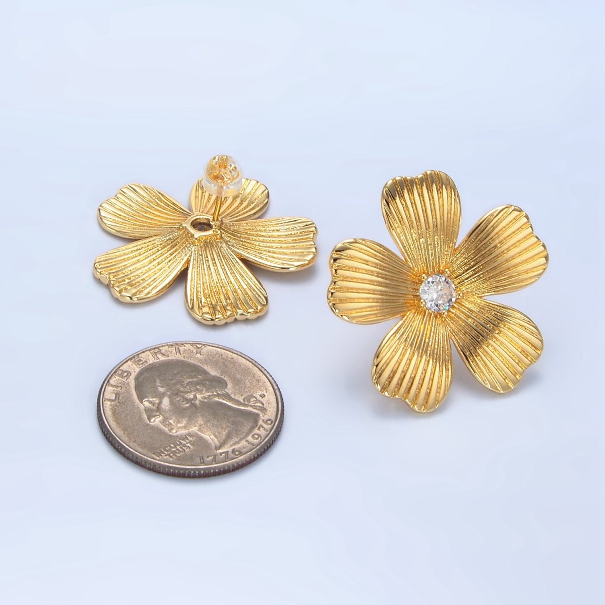 24K Gold Filled 30mm Clear CZ Ribbed Flower Stud Earrings | AD779