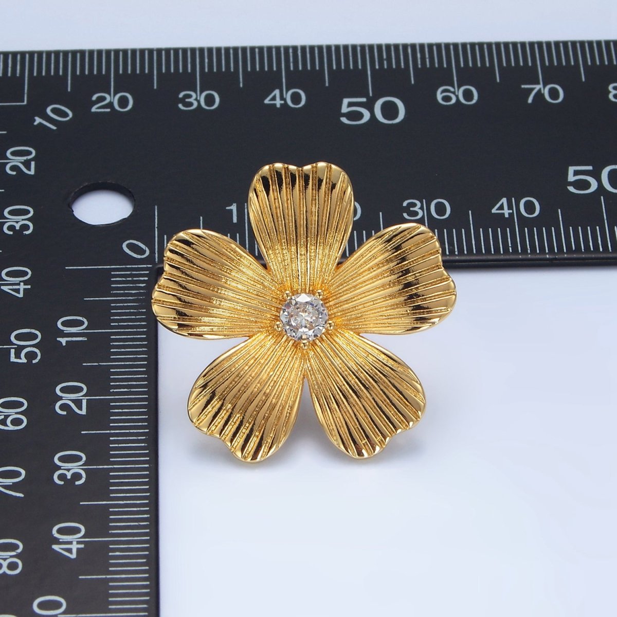 24K Gold Filled 30mm Clear CZ Ribbed Flower Stud Earrings | AD779