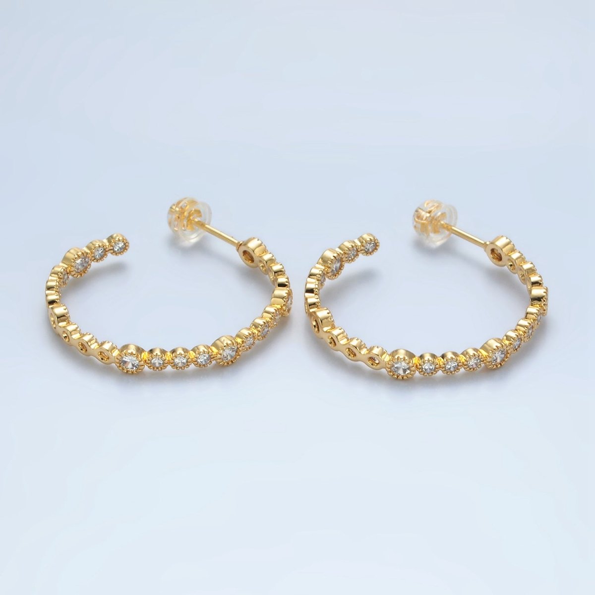 24K Gold Filled 30mm Clear CZ Round Lined C-Shaped Hoop Earrings | AB1261