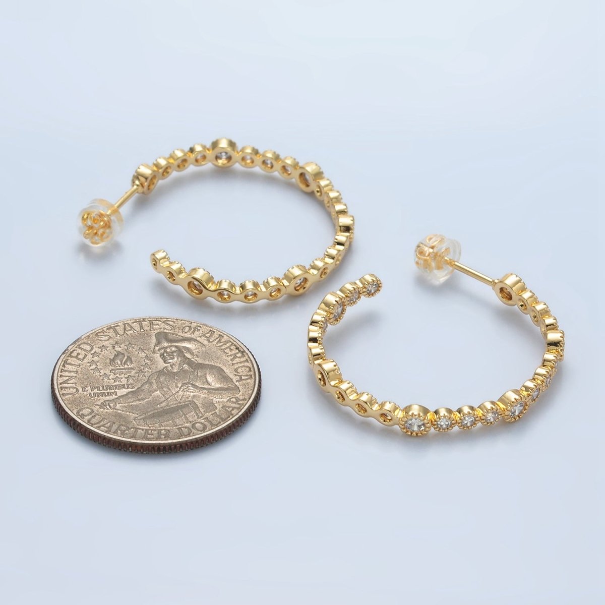 24K Gold Filled 30mm Clear CZ Round Lined C-Shaped Hoop Earrings | AB1261