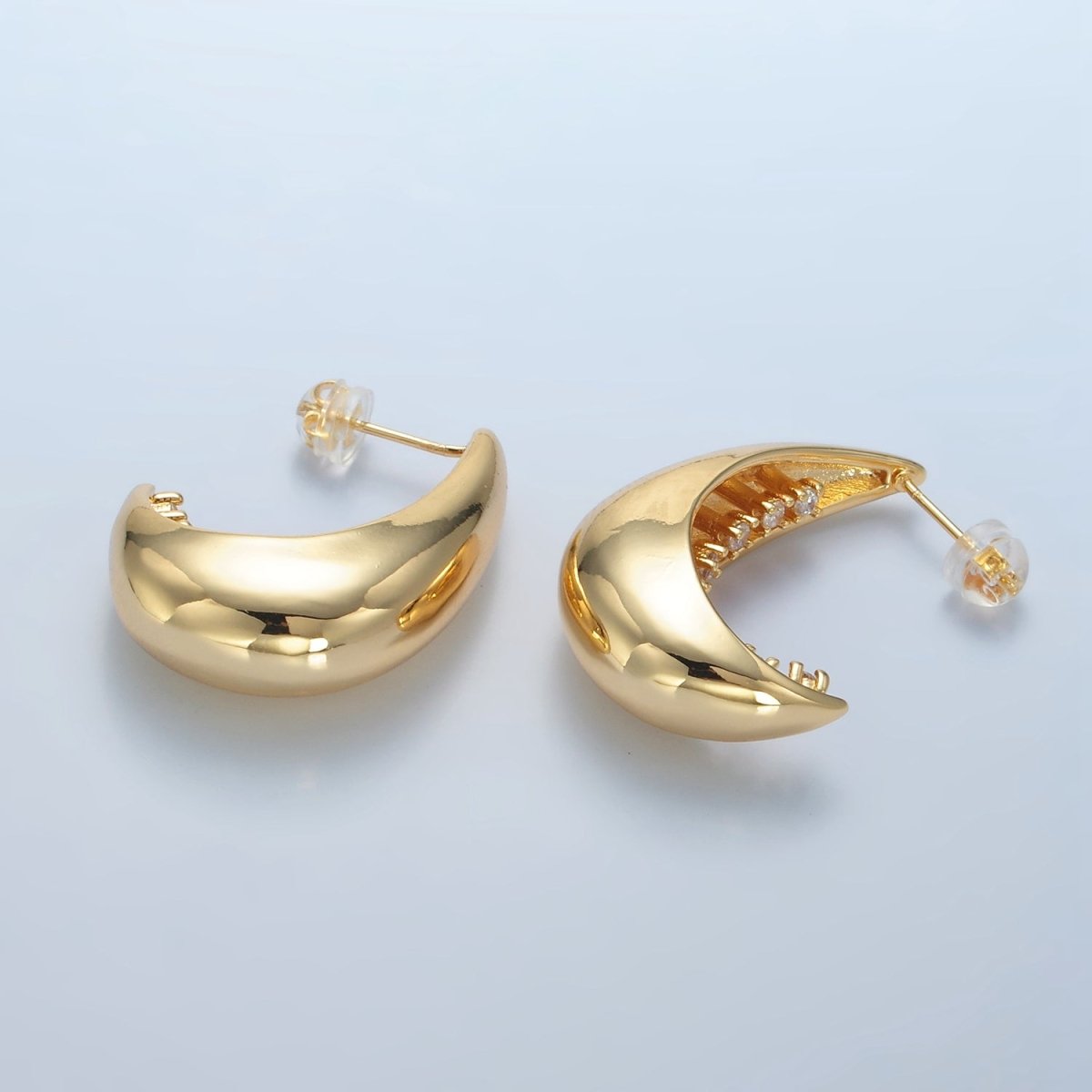 24K Gold Filled 30mm CZ Lined J-Shaped Hoop Earrings | AD658